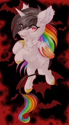 Size: 2834x5102 | Tagged: safe, artist:schokocream, derpibooru import, oc, oc:lightning bliss, unofficial characters only, alicorn, bat pony, bat pony alicorn, pony, alicorn oc, bat ponified, bat pony oc, bat wings, chest fluff, ear fluff, female, high res, horn, image, mare, png, race swap, rainbow hair, solo, species swap, wings