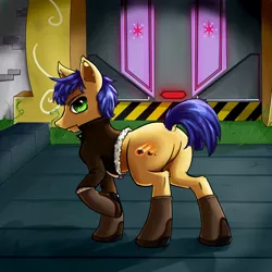 Size: 2000x2000 | Tagged: safe, artist:xrei, derpibooru import, oc, oc:meteor shower, unofficial characters only, earth pony, pony, alternate universe, boots, castle of the royal pony sisters, clothes, cutie mark, dark, ear fluff, featureless crotch, future, jacket, leather jacket, male, shoes, short hair, stallion