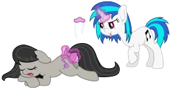 Size: 6900x3525 | Tagged: safe, artist:djdavid98, derpibooru import, octavia melody, vinyl scratch, earth pony, pony, unicorn, absurd resolution, bow, bowtie, cutie mark, eyes closed, female, floppy ears, glowing horn, hooves, horn, levitation, lying down, magic, mare, open mouth, prank, prone, raised hoof, simple background, sleeping, tail bow, telekinesis, tongue out, transparent background, vector