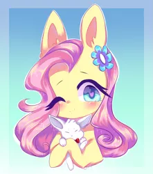 Size: 1197x1354 | Tagged: safe, artist:lnspira, derpibooru import, angel bunny, fluttershy, pegasus, pony, blushing, bust, cute, duo, flower, flower in hair, heart eyes, holding, looking at you, one eye closed, portrait, shyabetes, smiling, wingding eyes, wink
