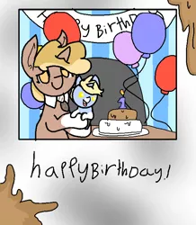 Size: 610x699 | Tagged: safe, artist:nootaz, derpibooru import, oc, oc:nootaz, oc:nora swirl, unofficial characters only, balloon, birthday, birthday candles, necktie