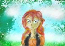 Size: 1032x729 | Tagged: safe, artist:rostimen, derpibooru import, sunset shimmer, equestria girls, day, female, leaf, solo