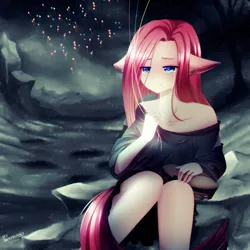 Size: 900x900 | Tagged: artist:jacky-bunny, balloon, bare shoulders, clothes, crying, derpibooru import, eared humanization, ear fluff, female, friendship is witchcraft, human, humanized, musical instrument, night, oversized clothes, oversized shirt, pinkamena diane pie, pinkie pie, sad, safe, shirt, sitting, solo, tailed humanization, tambourine
