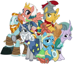 Size: 4100x3600 | Tagged: safe, artist:cheezedoodle96, derpibooru import, flash magnus, meadowbrook, mistmane, rockhoof, somnambula, star swirl the bearded, earth pony, pegasus, pony, unicorn, shadow play, .svg available, female, glowpaz, group shot, healer's mask, helmet, looking at you, male, mare, mask, netitus, pillars of equestria, rockhoof's shovel, shield, simple background, smiling, stallion, svg, transparent background, vector