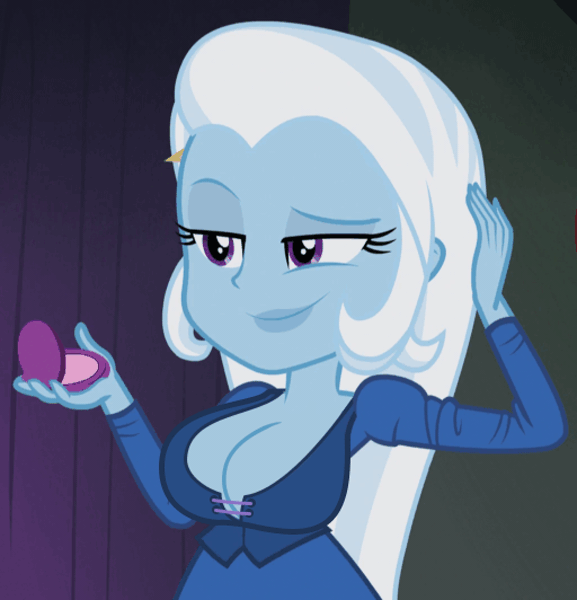 1169799 - animated, artist:twistedgrim, big breasts, bouncing, bouncing  breasts, breasts, busty trixie, calm your tits, cape, clothes, cuffs  (clothes), curvy, cutie mark on human, derpibooru import, female, fishnets,  gif, hat, huge breasts