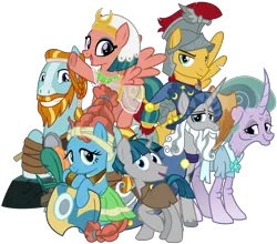 Size: 4100x3600 | Tagged: safe, artist:cheezedoodle96, derpibooru import, flash magnus, meadowbrook, mistmane, rockhoof, somnambula, star swirl the bearded, stygian, earth pony, pegasus, pony, unicorn, shadow play, .svg available, female, glowpaz, group shot, healer's mask, looking at you, male, mare, mask, netitus, pillars of equestria, rockhoof's shovel, shield, simple background, smiling, stallion, svg, transparent background, vector
