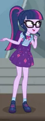 Size: 540x1429 | Tagged: safe, derpibooru import, screencap, sci-twi, twilight sparkle, equestria girls, equestria girls series, star crossed, bag, clothes, converse, cropped, female, geode of telekinesis, glasses, ponytail, shoes, skirt, smiling, socks