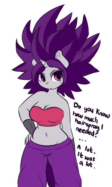 Size: 2886x4791 | Tagged: anthro, artist:wickedsilly, bandeau, belly button, breasts, caulifla, cleavage, clothes, cosplay, costume, derpibooru import, dialogue, dragon ball super, female, midriff, oc, oc:wicked silly, simple background, solo, solo female, suggestive, unofficial characters only, white background