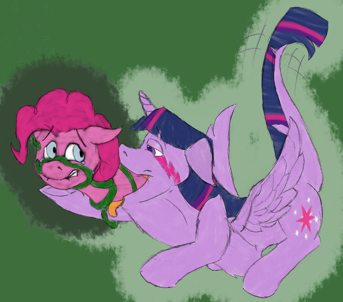 Size: 2381x2099 | Tagged: alicorn, artist:wesleyfoxx, colored sketch, crying, derpibooru import, fetish, monster pony, original species, pinkie pie, pinkie prey, questionable, raised tail, same size vore, semi-grimdark, soft vore, species swap, tail, tatzlight sparkle, tatzlpony, teary eyes, tentacles, tentacle tongue, twilight sparkle, twilight sparkle (alicorn), twipred, vore