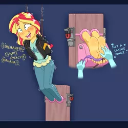 Size: 800x800 | Tagged: suggestive, artist:caroo, derpibooru import, sonata dusk, sunset shimmer, equestria girls, arm behind back, barefoot, blushing, bondage, breasts, crying, dialogue, feather, feet, female, femsub, fetish, foot fetish, image, laughing, open mouth, png, stocks, submissive, subset, suspended, tears of laughter, tickle torture, tickling, toe tied, toes
