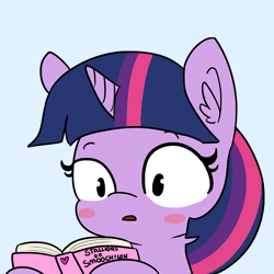 Size: 1650x1650 | Tagged: safe, artist:tjpones, derpibooru import, twilight sparkle, pony, unicorn, animated, blush sticker, blushing, book, bust, caught, cute, ear fluff, embarrassed, female, gif, gray background, hoof hold, open mouth, reading, romance novel, she knows, simple background, solo, sweat, sweating profusely, twiabetes