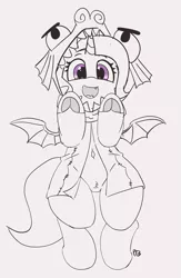 Size: 2883x4427 | Tagged: safe, artist:pabbley, derpibooru import, trixie, pony, unicorn, uncommon bond, 30 minute art challenge, bat wings, belly button, board game, clothes, costume, cute, diatrixes, dragon pit, looking at you, monochrome, open mouth, partial color, solo, underhoof