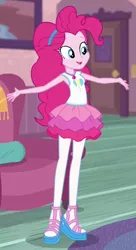 Size: 400x735 | Tagged: safe, derpibooru import, screencap, pinkie pie, equestria girls, equestria girls series, pinkie sitting, clothes, cropped, cute, diapinkes, female, geode of sugar bombs, indoors, open mouth, outfit catalog, pantyhose, solo