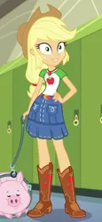 Size: 450x980 | Tagged: safe, derpibooru import, screencap, applejack, pig, a queen of clubs, equestria girls, equestria girls series, boots, canterlot high, clothes, cowboy hat, cropped, denim skirt, eyes closed, freckles, geode of super strength, hallway, hat, lockers, outfit catalog, shoes, skirt, solo, stetson