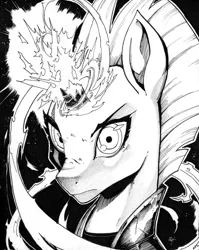 Size: 3319x4165 | Tagged: safe, artist:alts-art, derpibooru import, tempest shadow, pony, unicorn, my little pony: the movie, armor, badass, black and white, broken horn, bust, epic, eye scar, female, glowing horn, grayscale, high res, inktober, looking at you, magic, mare, monochrome, portrait, scar, sketch, solo, sparking horn, traditional art