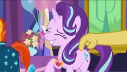 Size: 1136x640 | Tagged: balloon, big smile, celestial advice, derpibooru import, discord, equestrian pink heart of courage, eyes closed, flower, happy, paws, safe, season 7, starlight glimmer, sunburst, tail, tapping