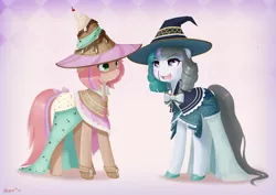 Size: 1754x1240 | Tagged: safe, artist:pezzhippo, derpibooru import, oc, oc:seafoam, oc:sweet skies, unofficial characters only, earth pony, pegasus, pony, blood, blushing, clothes, costume, female, hat, heart eyes, implied lesbian, mare, nosebleed, shipping, shoes, wingding eyes, witch hat