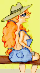 Size: 571x1045 | Tagged: anthro, artist:php42, breasts, busty pear butter, derpibooru import, female, hat, naked overalls, overalls, pear butter, solo, solo female, suggestive