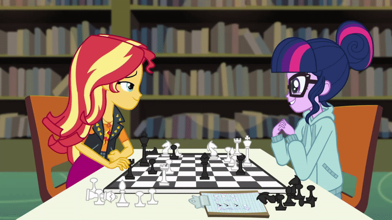 Size: 800x450 | Tagged: safe, derpibooru import, screencap, sci-twi, sunset shimmer, twilight sparkle, equestria girls, equestria girls series, the finals countdown, animated, book, bookshelf, checklist, chess, chessboard, clothes, cute, eyes closed, gendo pose, gif, hoodie, laughing, library, lidded eyes, looking at each other, smiling, smugset shimmer, twiabetes