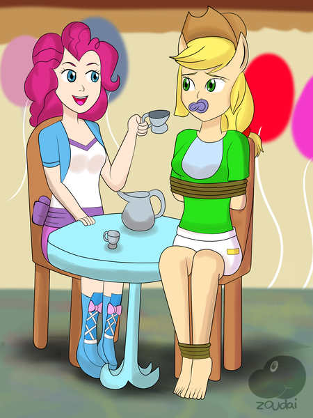 Size: 1932x2576 | Tagged: questionable, artist:zoudai, derpibooru import, applejack, pinkie pie, equestria girls, ageplay, arm behind back, barefoot, bib, bondage, breasts, diaper, diaper fetish, feet, female, females only, fetish, food, gag, human coloration, pacifier, pacifier gag, ponied up, pony ears, rope, rope bondage, story included, tea, watermark
