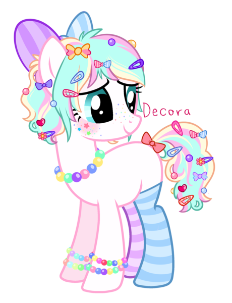 Size: 2128x2775 | Tagged: artist:elskafox, bow, bracelet, clothes, decora, derpibooru import, freckles, hairclip, harajuku, jewelry, necklace, oc, safe, simple background, socks, solo, striped socks, transparent background, unofficial characters only