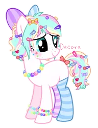 Size: 2128x2775 | Tagged: artist:elskafox, bow, bracelet, clothes, decora, derpibooru import, freckles, hairclip, harajuku, jewelry, necklace, oc, safe, simple background, socks, solo, striped socks, transparent background, unofficial characters only