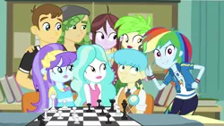 Size: 1920x1080 | Tagged: safe, derpibooru import, screencap, aqua blossom, bright idea, cherry crash, paisley, rainbow dash, sandalwood, teddy t. touchdown, velvet sky, a queen of clubs, equestria girls, equestria girls series, background human, chess, chess club, chessboard, geode of super speed, group photo, magical geodes, photobomb