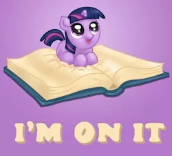 Size: 900x814 | Tagged: safe, artist:assasinmonkey, derpibooru import, twilight sparkle, pony, book, cute, female, filly, filly twilight sparkle, literal, ponyloaf, pun, purple background, simple background, solo, that pony sure does love books, twiabetes, younger