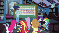 Size: 800x450 | Tagged: safe, derpibooru import, screencap, applejack, fluttershy, pinkie pie, rainbow dash, rarity, sci-twi, sunset shimmer, twilight sparkle, equestria girls, equestria girls series, the finals countdown, animated, humane five, humane seven, humane six, shoes, sneakers