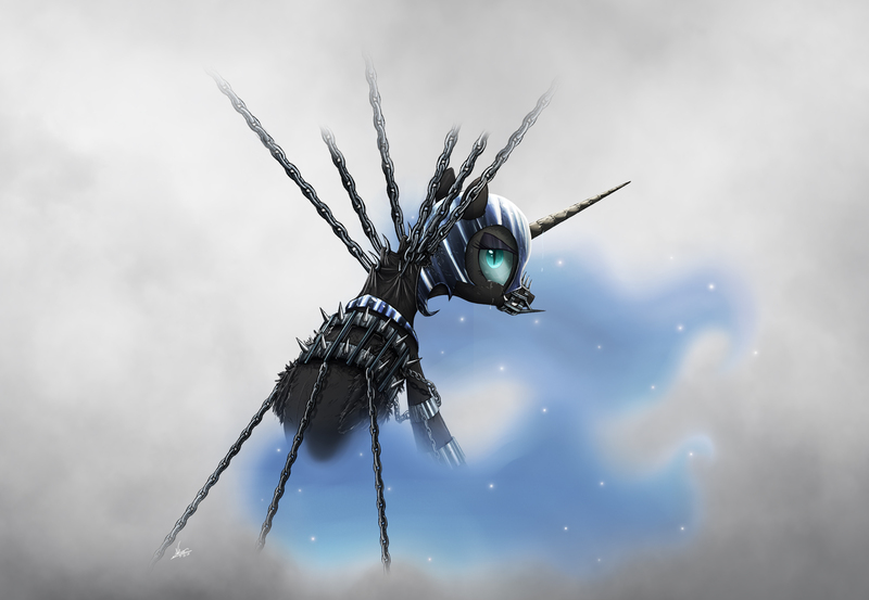 Size: 2000x1382 | Tagged: semi-grimdark, artist:ncmares, derpibooru import, nightmare moon, alicorn, pony, fanfic, armor, bondage, bound, bound wings, chains, crying, dream, fanfic art, female, fluffy, fog, grin, helmet, hooks, looking at you, looking back, mare, metal as fuck, mist, muzzle, piercing, shackles, sitting, slit eyes, smiling, solo