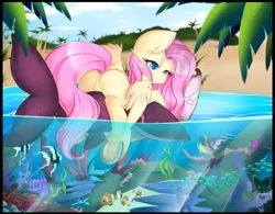 Size: 4000x3127 | Tagged: safe, artist:teranen, derpibooru import, fluttershy, angelfish, fish, pegasus, pony, shark, beach, clownfish, colored pupils, coral, cute, featureless crotch, female, flutterbutt, frog (hoof), horseshoes, inflatable, inflatable toy, mare, ocean, palm tree, plot, pool toy, raised tail, riding, shyabetes, solo, tail, tree, underhoof, underwater, water, watershy