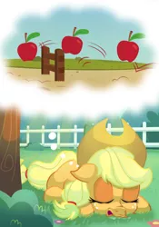 Size: 3000x4286 | Tagged: safe, artist:discorded, derpibooru import, applejack, pony, apple, counting sheep, dream, drool, fence, food, grass, silly, silly pony, sleeping, that pony sure does love apples, tree