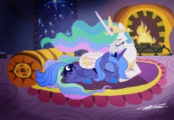 Size: 2177x1504 | Tagged: safe, artist:willisninety-six, derpibooru import, princess celestia, princess luna, alicorn, pony, crying, fanfic in the description, female, fireplace, royal sisters, s1 luna, siblings, sisters