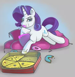 Size: 4615x4735 | Tagged: safe, artist:mylittlegodzilla, derpibooru import, rarity, pony, unicorn, absurd resolution, donut, female, food, ice cream, looking at you, mare, mushroom, pizza, prone, solo