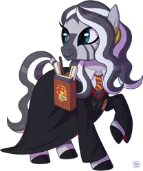 Size: 800x962 | Tagged: artist:stasysolitude, clothes, costume, derpibooru import, female, harry potter, hermione granger, raised hoof, safe, simple background, smiling, solo, transparent background, zebra, zecora