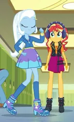 Size: 437x715 | Tagged: safe, derpibooru import, screencap, sandalwood, sunset shimmer, trixie, equestria girls, equestria girls series, overpowered (equestria girls), boots, canterlot high, clothes, confident, cute, diatrixes, door, eyes closed, female, geode of empathy, hallway, headphones, high heel boots, high heels, hoodie, jacket, kneesocks, legs, lockers, shoes, skirt, smiling, smug, socks, strut