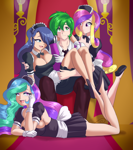 Size: 5112x5753 | Tagged: absurd resolution, alicorn triarchy, artist:thebrokencog, breasts, busty princess celestia, busty princess luna, cleavage, clothes, commission, derpibooru import, female, flats, hair over one eye, harem, human, humanized, infidelity, interspecies, lucky bastard, maid, male, older, older spike, open mouth, polyamory, princess cadance, princess celestia, princess luna, prone, royal sisters, shipping, smiling, spike, spikedance, spike gets all the mares, spike gets all the princesses, spikelestia, spikelove, spiluna, straight, suggestive, throne