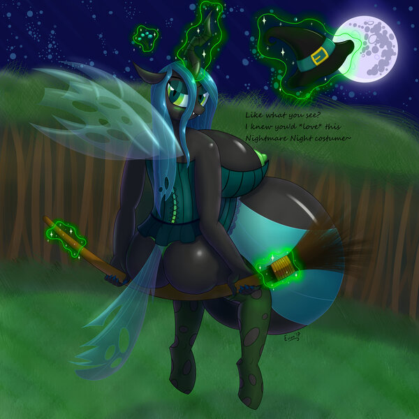 Size: 8208x8208 | Tagged: questionable, alternate version, artist:evan555alpha, derpibooru import, queen chrysalis, anthro, absurd resolution, ass, belly, big belly, big breasts, bra overflow, breasts, broom, bugbutt, busty queen chrysalis, butt, dialogue, female, fertile fright, flying, flying broomstick, forest, hat, huge belly, huge breasts, huge butt, hyper, hyper belly, hyper pregnancy, impossibly large belly, impossibly large breasts, large butt, mare in the moon, moon, night, nipples, nudity, pregnant, queen pregalis, reversalis, solo, solo female, stars, talking to viewer, witch, witch hat