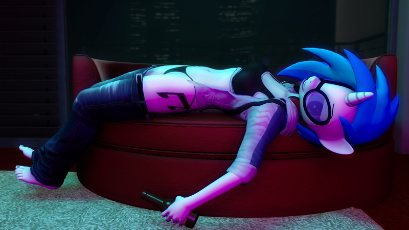 Size: 4096x2304 | Tagged: 3d, anthro, artist:helioseusebio, barefoot, belly button, bottle, breasts, busty vinyl scratch, clothes, derpibooru import, feet, female, hoodie, jeans, looking at you, lying down, open clothes, panties, pants, pants down, plantigrade anthro, smiling, solo, solo female, source filmmaker, sports bra, suggestive, thong, underwear, vinyl scratch