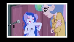 Size: 1280x720 | Tagged: suggestive, derpibooru import, edit, edited edit, edited screencap, editor:slayerbvc, screencap, princess celestia, princess luna, equestria girls, friendship games, bra, breasts, clothes, cutie mark underwear, dancing, microphone, principal celestia, see-through, underwear, underwear edit, vice principal luna