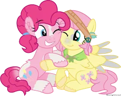 Size: 972x769 | Tagged: safe, artist:moonlightdisney5, derpibooru import, fluttershy, pinkie pie, earth pony, pegasus, pony, alternate design, alternate hairstyle, cheek squish, cute, diapinkes, duo, female, hug, looking at each other, mare, one eye closed, shyabetes, simple background, sitting, smiling, squishy cheeks, transparent background