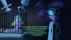 Size: 1024x576 | Tagged: grimdark, artist:wubcakeva, derpibooru import, sci-twi, spike, spike the regular dog, twilight sparkle, dog, equestria girls, clothes, dialogue, experiment, good boy, lab coat, midnight sparkle, open mouth, possessed, this will end in tears and/or death