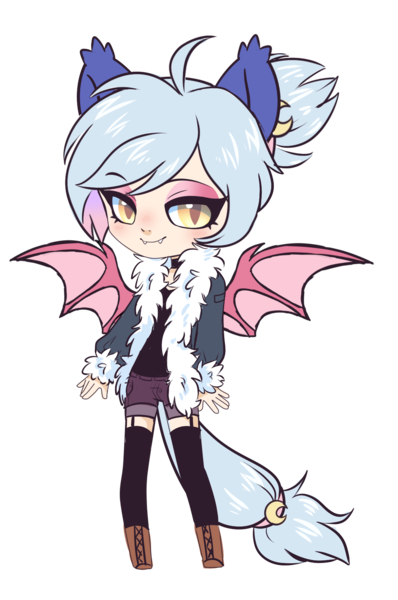 Size: 1083x1633 | Tagged: safe, artist:hawthornss, derpibooru import, oc, oc:moon sugar, unofficial characters only, anthro, bat pony, bedroom eyes, clothes, cute, cute little fangs, ear fluff, eyeshadow, fangs, jacket, looking at you, makeup, male, smiling, socks, solo, trap