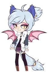 Size: 1083x1633 | Tagged: safe, artist:hawthornss, derpibooru import, oc, oc:moon sugar, unofficial characters only, anthro, bat pony, bedroom eyes, clothes, cute, cute little fangs, ear fluff, eyeshadow, fangs, jacket, looking at you, makeup, male, smiling, socks, solo, trap