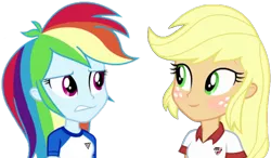 Size: 1052x614 | Tagged: safe, artist:fella, derpibooru import, edit, applejack, rainbow dash, equestria girls, appledash, blonde hair, blushing, clothes, cute, female, jackabetes, jersey, lesbian, multicolored hair, polo, shipping, simple background, smiling, transparent background