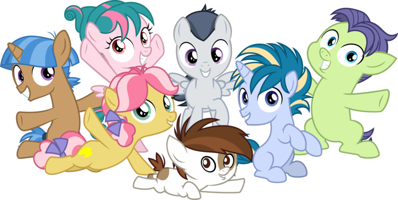 Size: 7937x4000 | Tagged: safe, artist:sollace, derpibooru import, kettle corn, mocha berry, pipsqueak, rumble, skeedaddle, tulip swirl, pony, marks and recreation, .svg available, foal, group, simple background, transparent background, vector