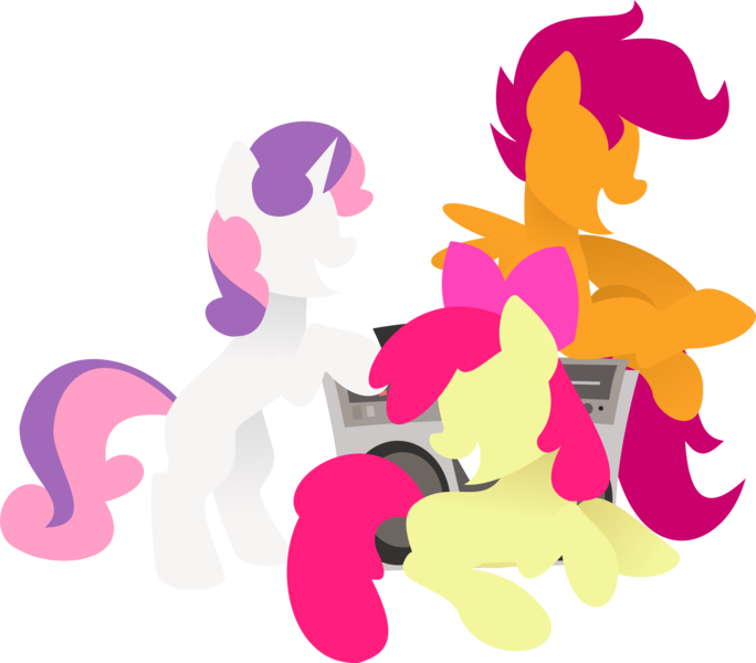 Size: 3170x2780 | Tagged: safe, artist:anonymousnekodos, derpibooru import, apple bloom, babs seed, scootaloo, sweetie belle, earth pony, pegasus, pony, unicorn, blank flank, boombox, cutie mark crusaders, eyes closed, female, filly, foal, green background, grin, high res, hooves, horn, lineless, minimalist, modern art, simple background, smiling, transparent background, trio, wings