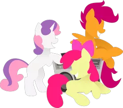 Size: 3170x2780 | Tagged: safe, artist:anonymousnekodos, derpibooru import, apple bloom, babs seed, scootaloo, sweetie belle, earth pony, pegasus, pony, unicorn, blank flank, boombox, cutie mark crusaders, eyes closed, female, filly, foal, green background, grin, high res, hooves, horn, lineless, minimalist, modern art, simple background, smiling, transparent background, trio, wings