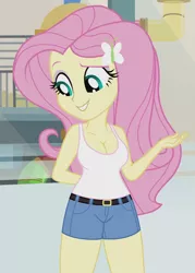 Size: 516x720 | Tagged: suggestive, derpibooru import, edit, edited edit, edited screencap, editor:ah96, editor:slayerbvc, screencap, fluttershy, equestria girls, hamstocalypse now, rainbow rocks, breast edit, breasts, busty fluttershy, cleavage, clothes, female, raised eyebrow, shorts, solo, solo female, tanktop