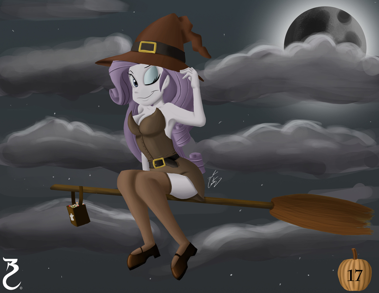 Size: 3300x2550 | Tagged: suggestive, artist:artfreak5, derpibooru import, rarity, bat, plantigrade anthro, equestria girls, alternate hairstyle, armpits, breasts, broom, clothes, crossed legs, ear piercing, female, flying, flying broomstick, glowing hands, glowing horn, halloween, hat, holiday, looking at you, magic, moon, piercing, solo, solo female, witch, witch hat